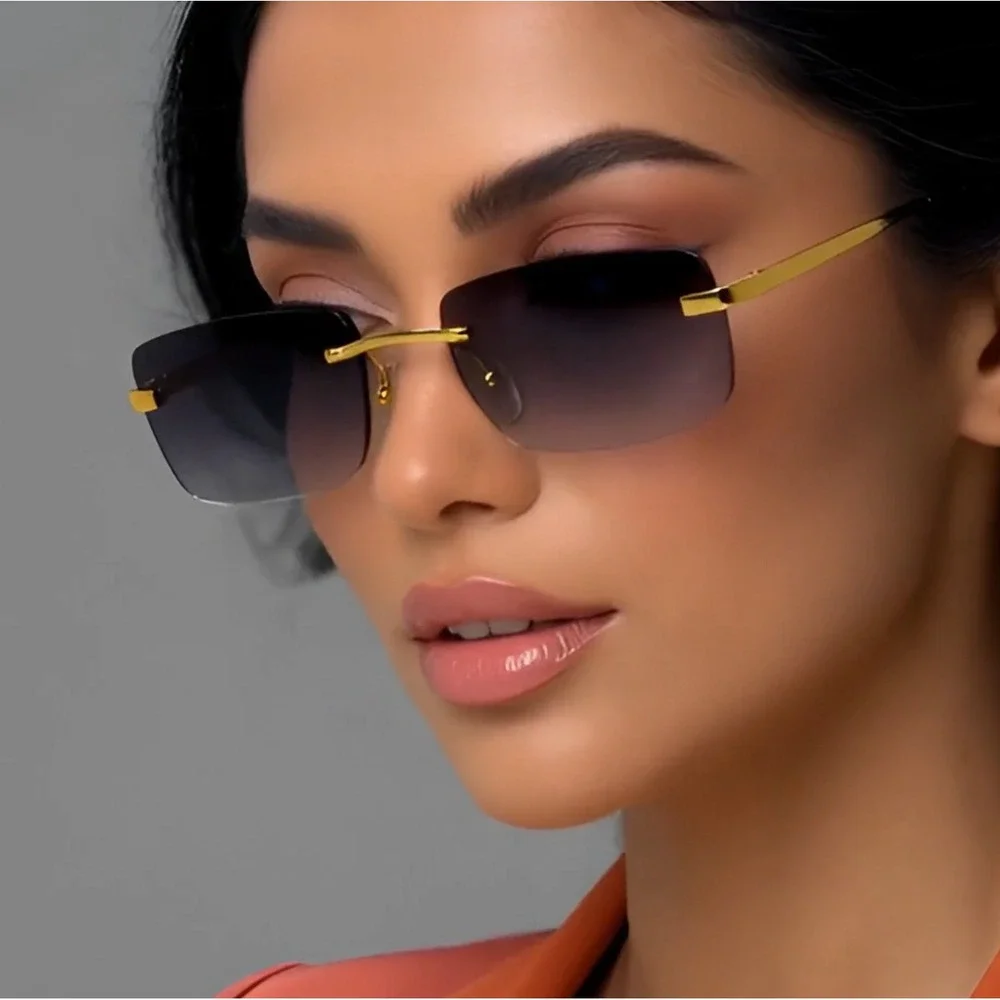 Rimless Sunglasses Gold Frame Black Lens Rectangle Fashion Sun Glasses Women New